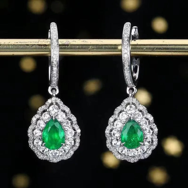 AURELIA - Natural Emerald 0.86CT Drop Earrings With Diamond Vintage Style