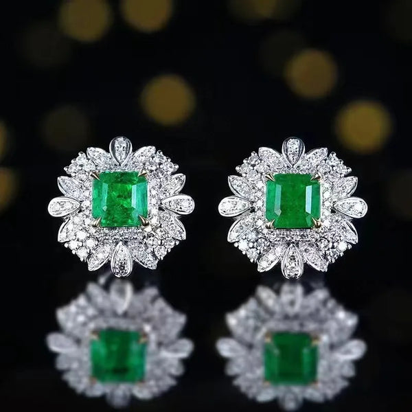 VIVIANA - 1.38ct Natural Emerald Vivid Green Princess Cut Emerald Stud Earring 18k Gold
